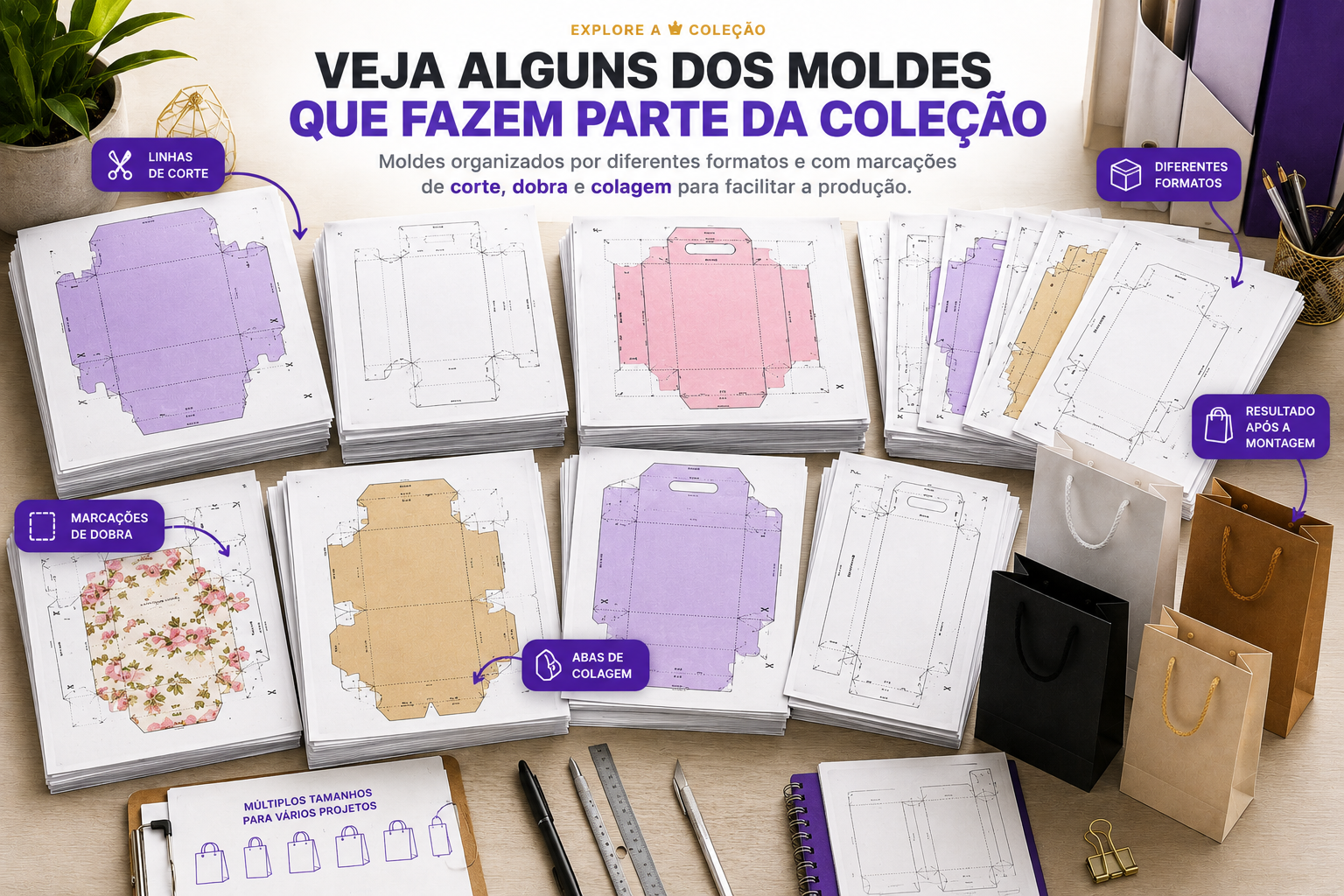 Moldes de sacolas impressos com linhas de corte, dobra e colagem, ao lado de sacolas montadas